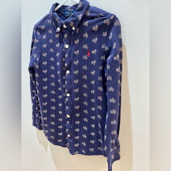 Polo by Ralph Lauren Knit Cotton Oxford Navy Blue Shirt Bicycle Print Boy Size 6 - Picture 4 of 9